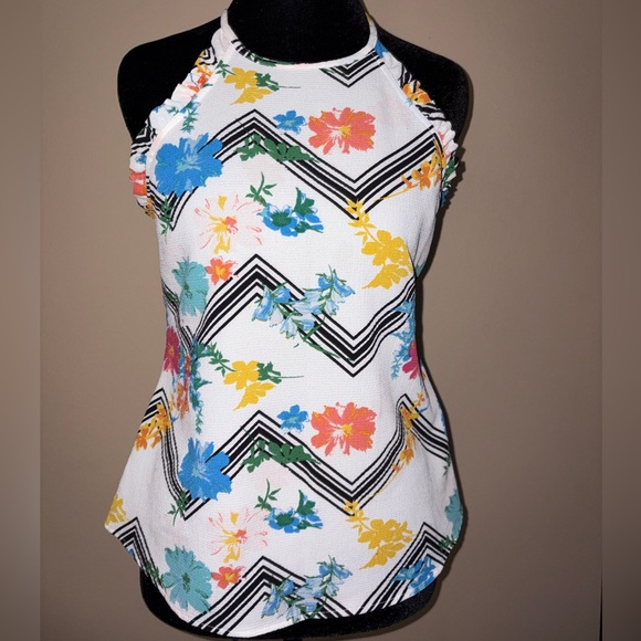 Candie's Tops - Candie's Floral Chevron Tank Top - White, Blue, Black and Yellow